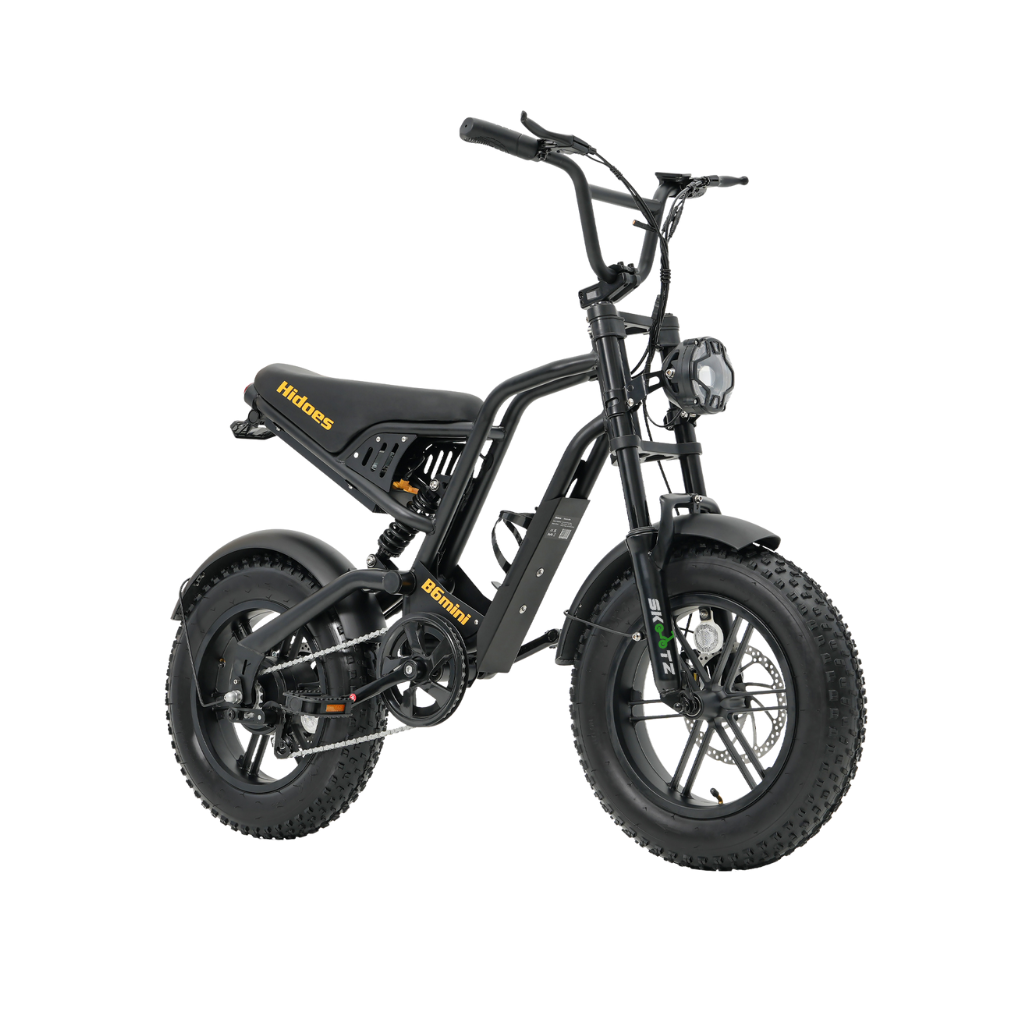 Black electric bike with yellow branding on a white background
