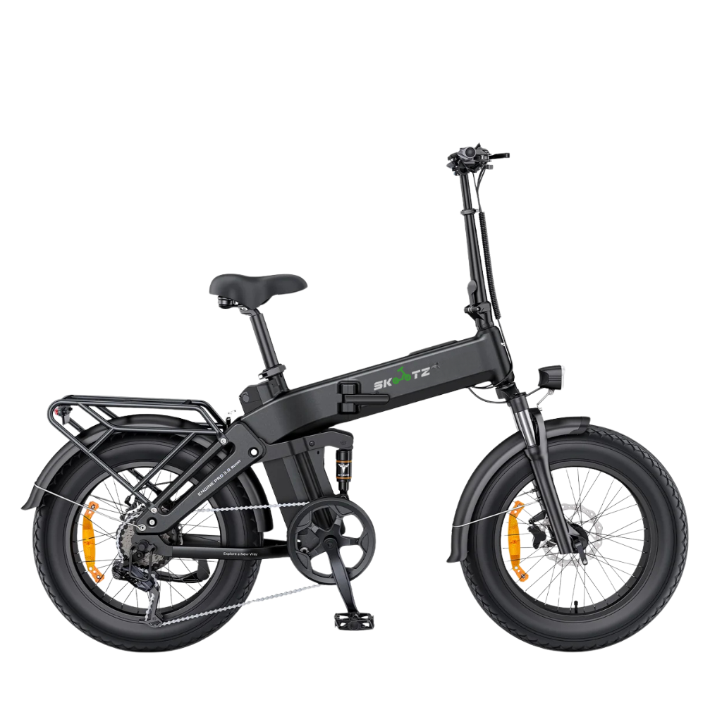 Black electric bike with skootz branding on a white background