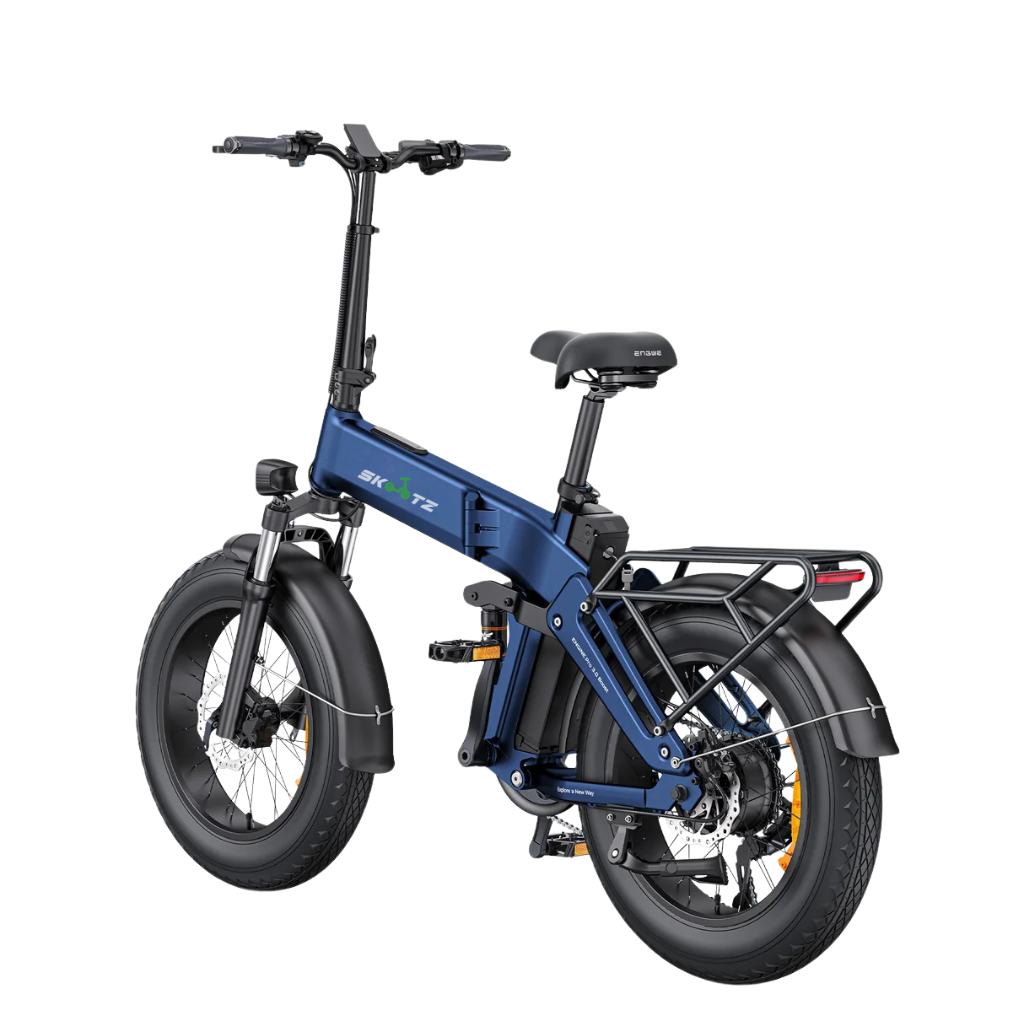 Blue electric bike with 'skootz' branding on a white background