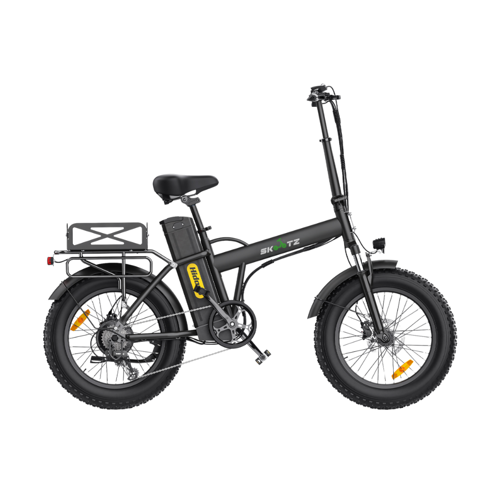 Black electric bike with a small cargo rack on a white background