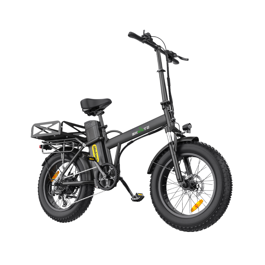Black electric bike with a small basket on a white background