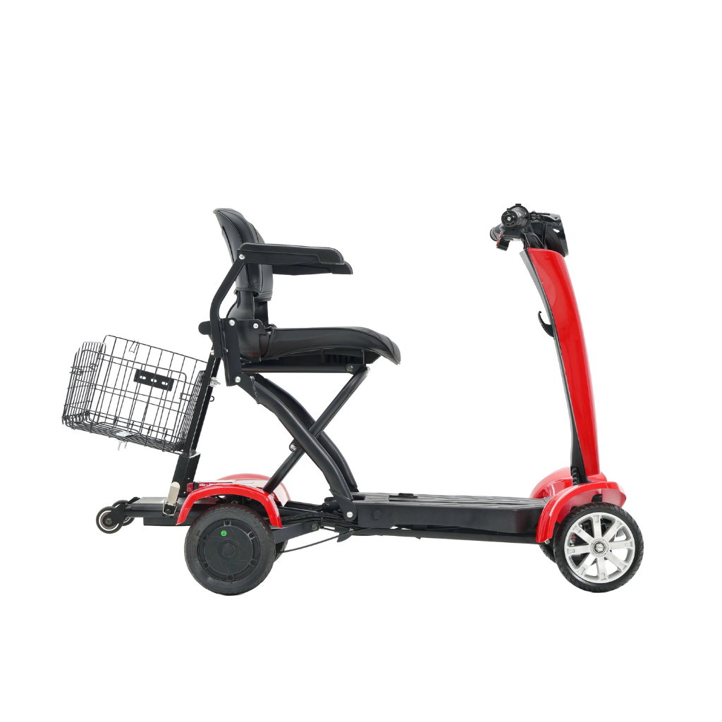 Black and red mobility scooter with a basket on a white background