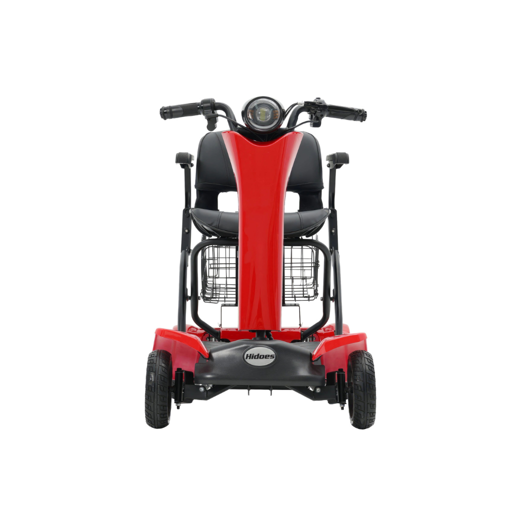 Red mobility scooter with a black seat on a white background