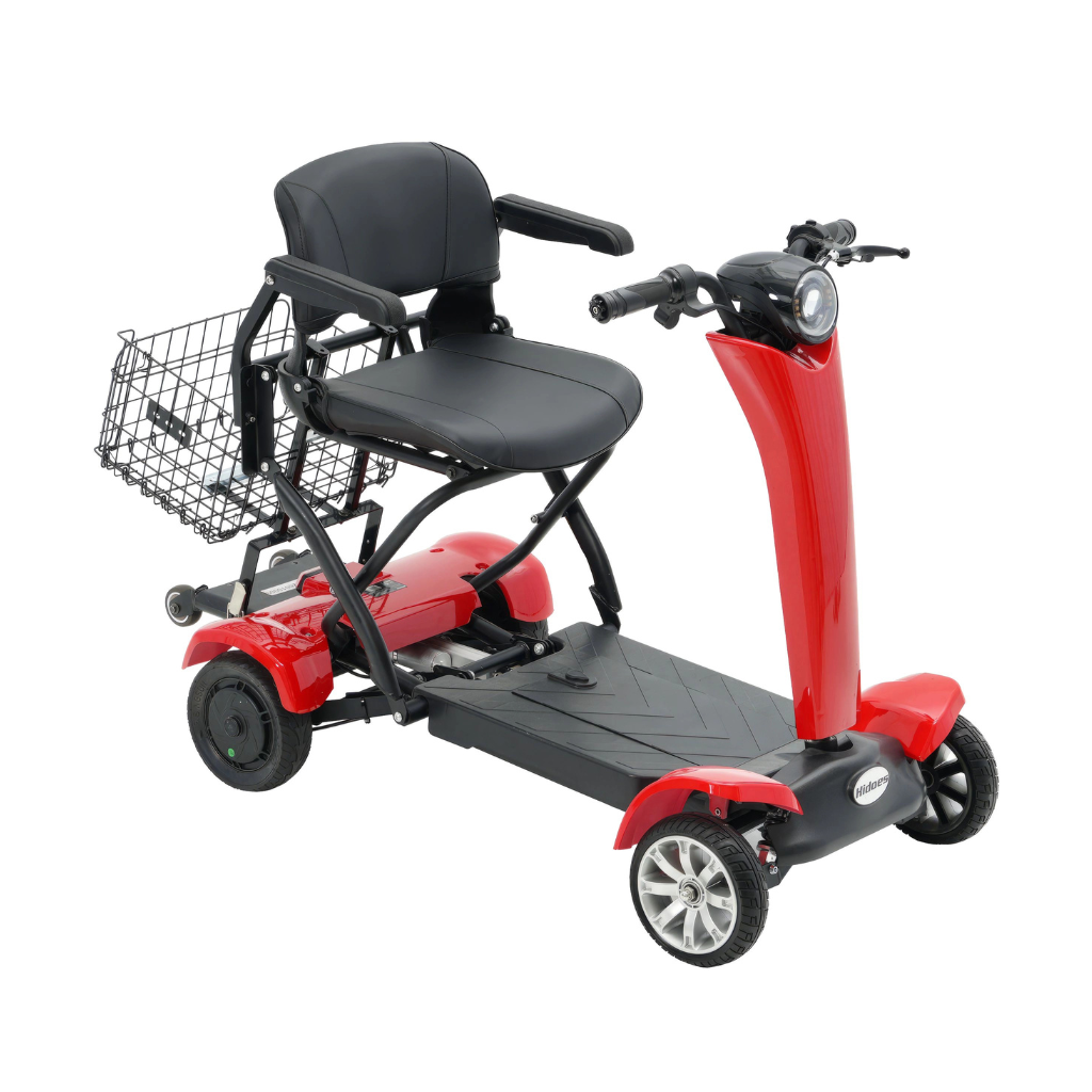 Red and black mobility scooter with a basket on a white background