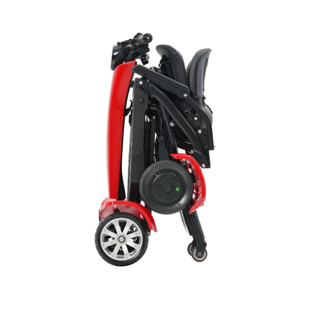 Foldable scooter with red frame and black seat on a white background