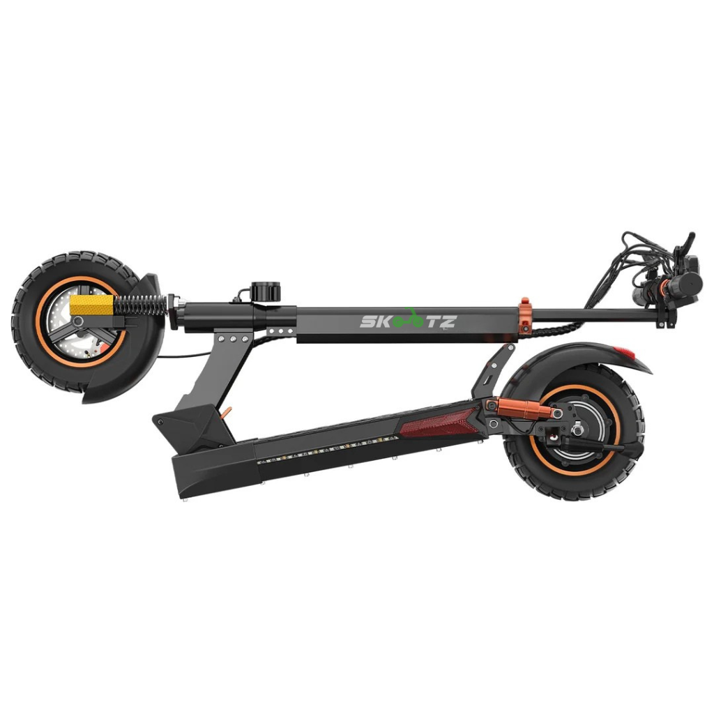 An electric scooter with the text 'UPTO 50 MILE RANGE XXL BATTERY CAPACITY' and 'EXCLUSIVE TO SKOOTZ' indicating the scooter has a long range and an exclusive offer.