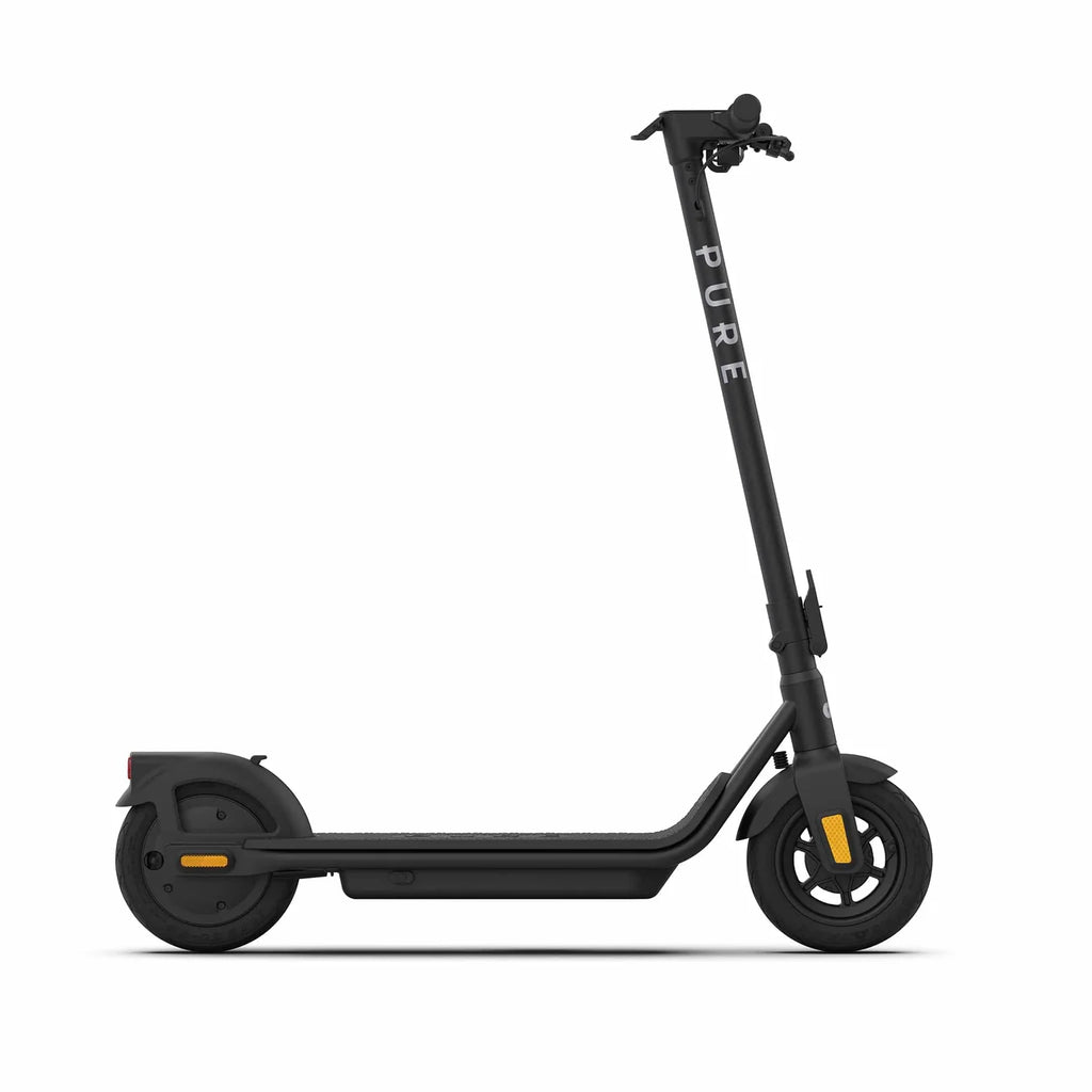 Black electric scooter with 'PURE' branding on a white background