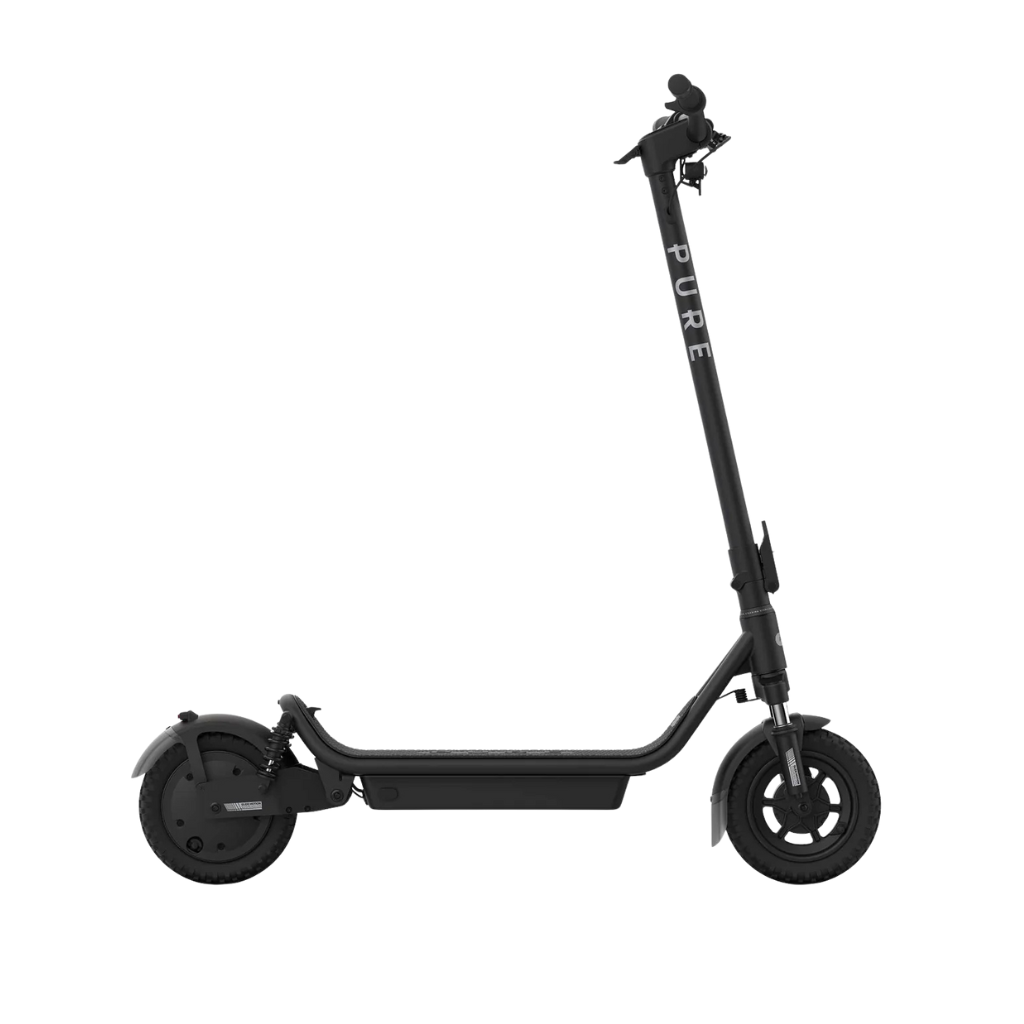 Black electric scooter with 'PURE' branding on a white background