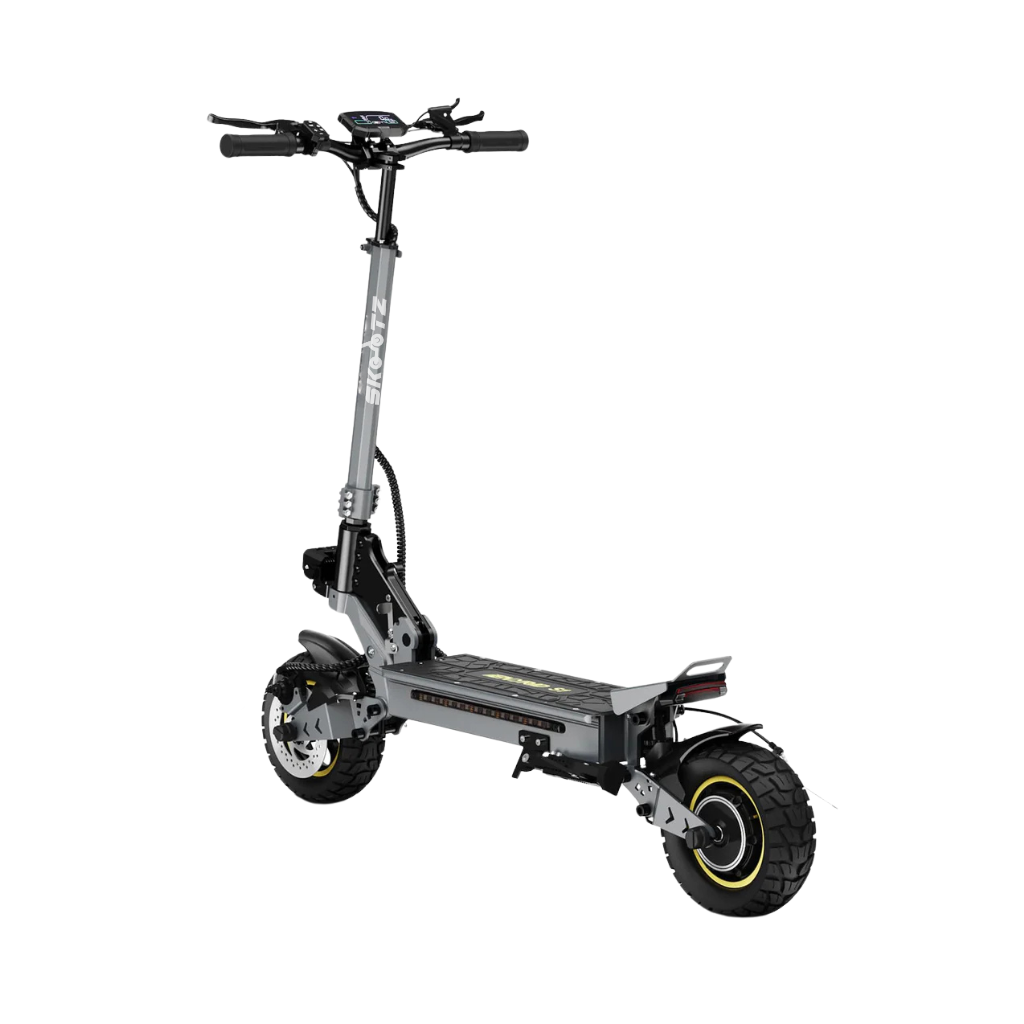 A gray NEW Skootz S1 electric scooter with off-road tires, a digital display, and LED lighting.
