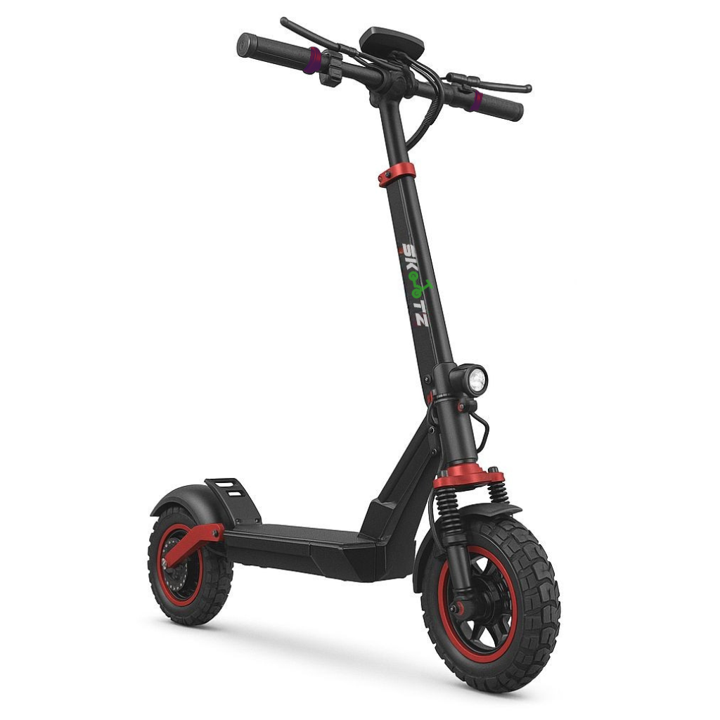 Black electric scooter with red accents on a white background