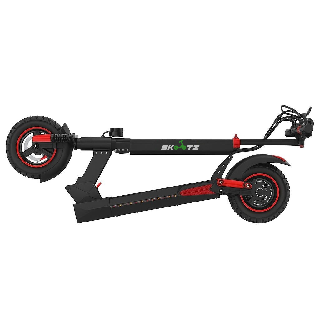 Black and red scooter with Skootz logo on a white background