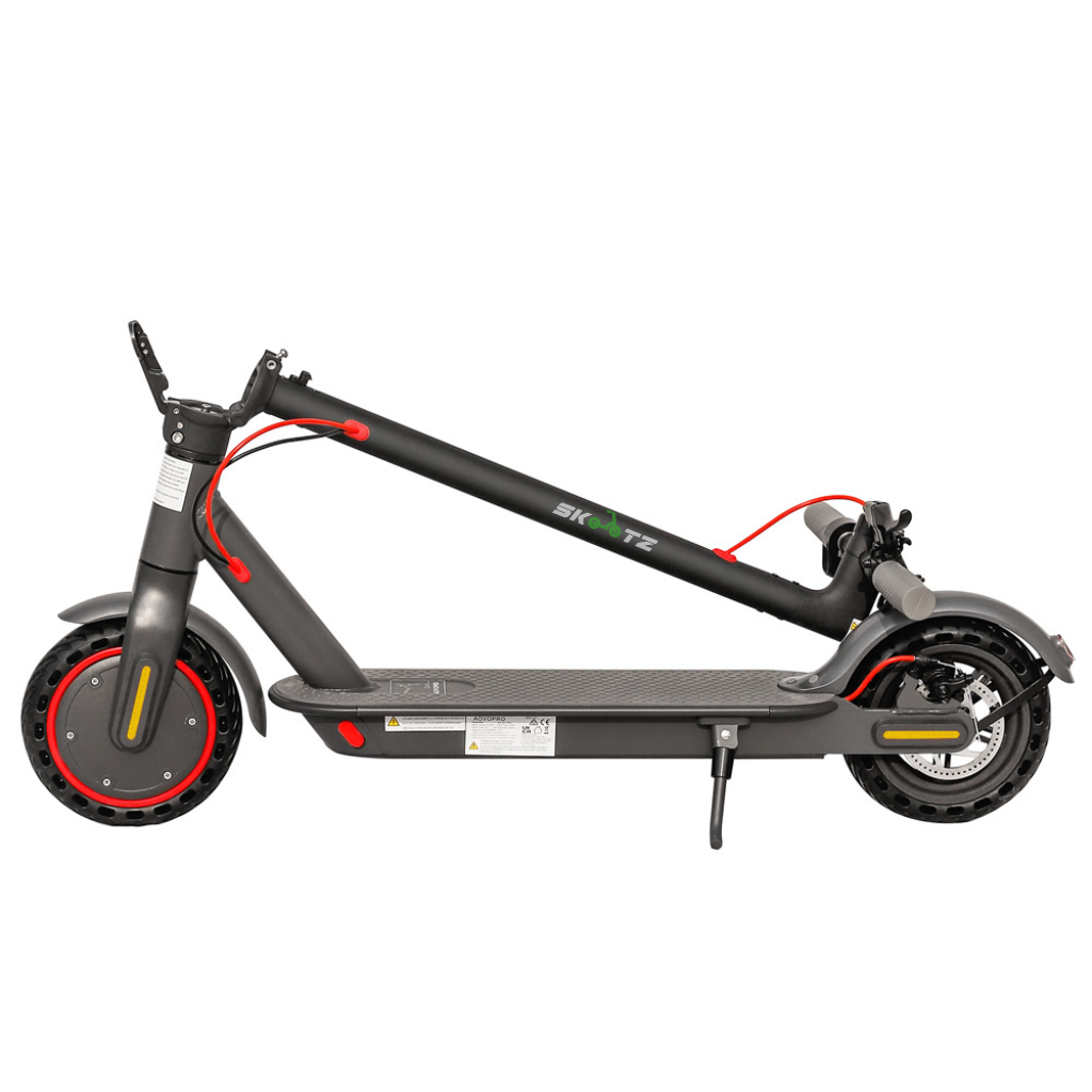 A black Skootz m365 Pro2 Electric Scooter with red accents, featuring a single spoke wheel, handlebars, and a digital display.