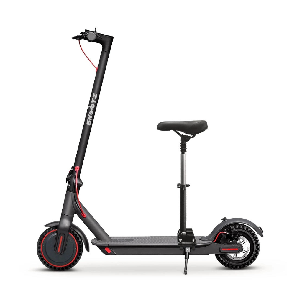 A black Skootz m365 Pro2 Electric Scooter with red accents, featuring a single spoke wheel, handlebars, and a digital display.