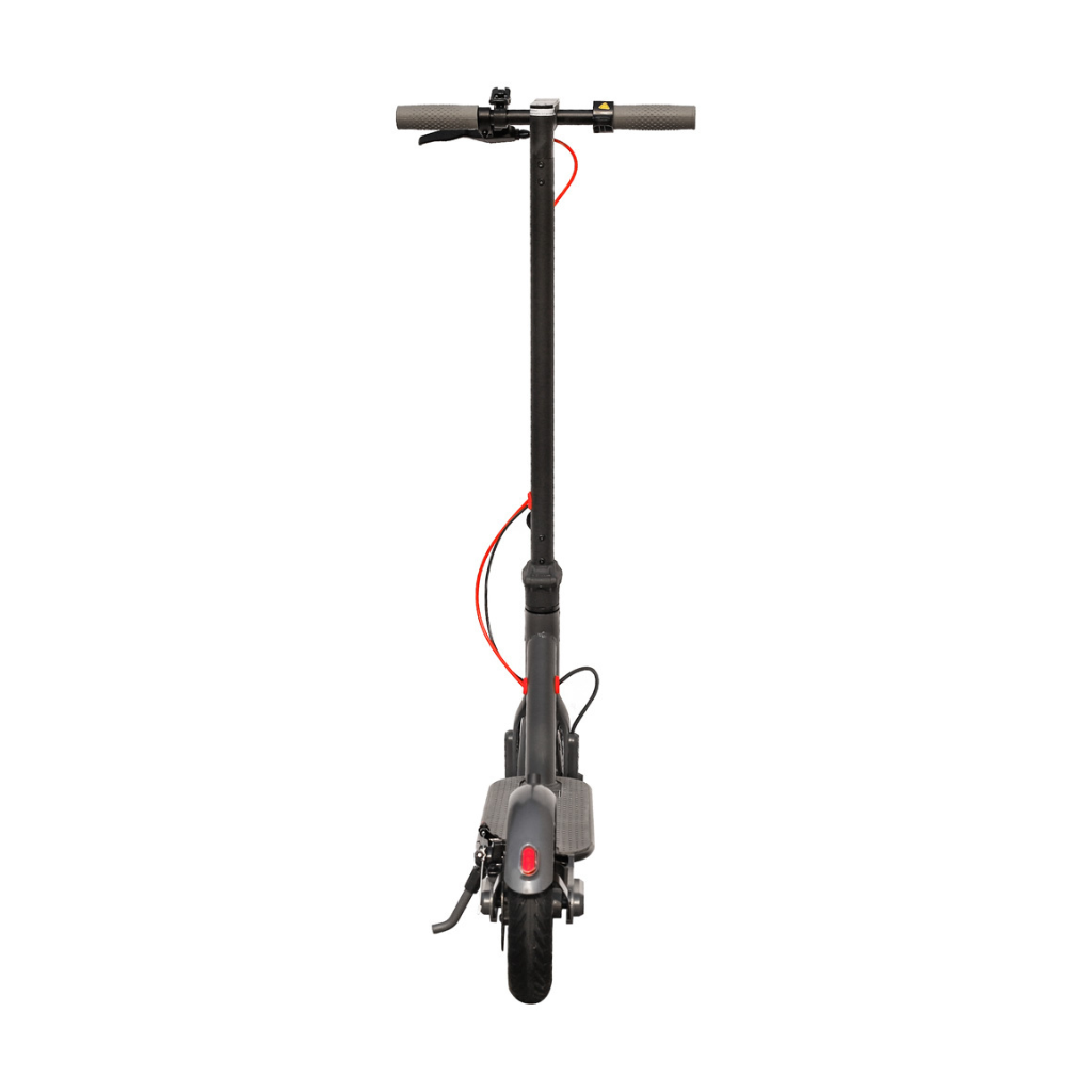 A black Skootz m365 Pro2 Electric Scooter with red accents, featuring a single spoke wheel, handlebars, and a digital display.