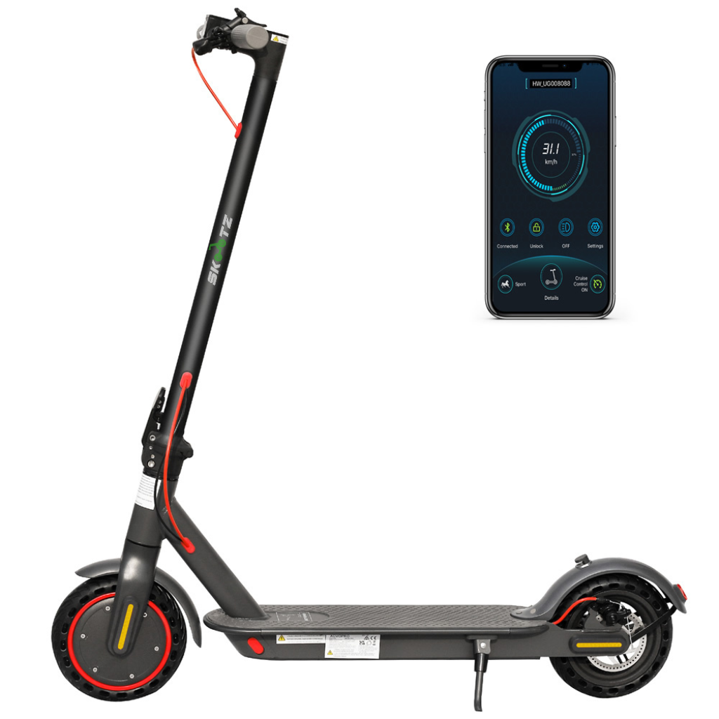 Skootz m365 Pro2 Electric Scooter shown with a smartphone app interface displayed on the handlebar, indicating battery life and speed information.
