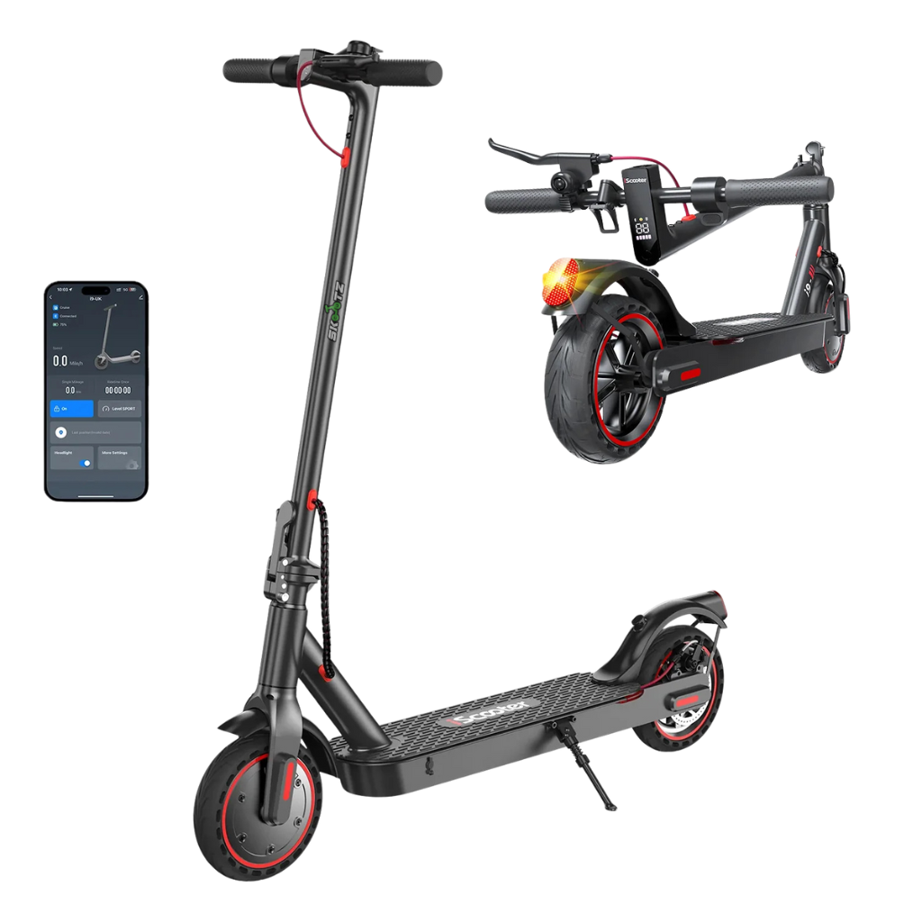 Black electric scooter with app interface on a white background