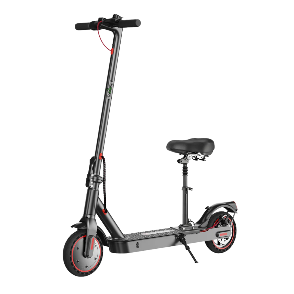 Gray electric scooter with a seat on a white background