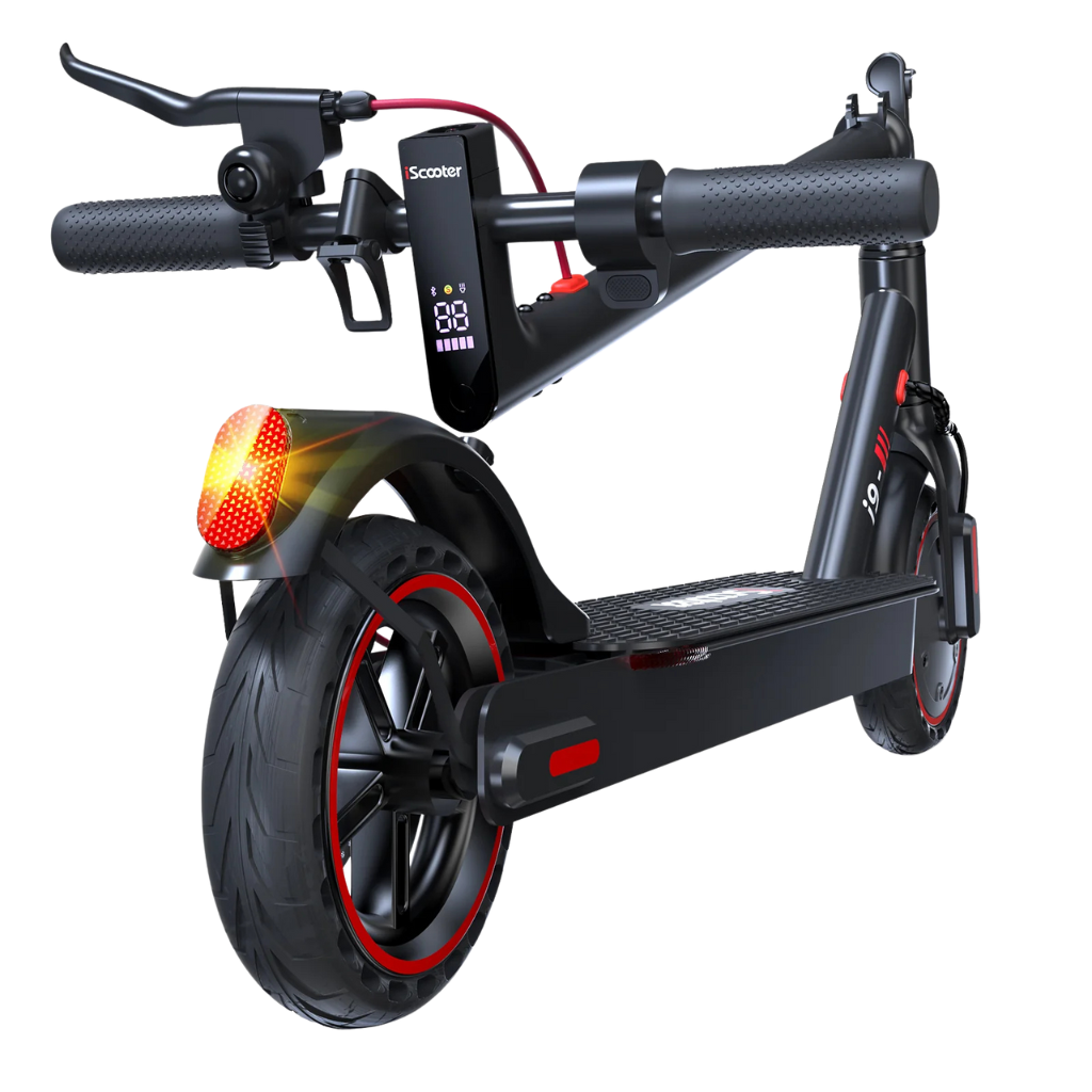 Black electric scooter with red accents on a white background