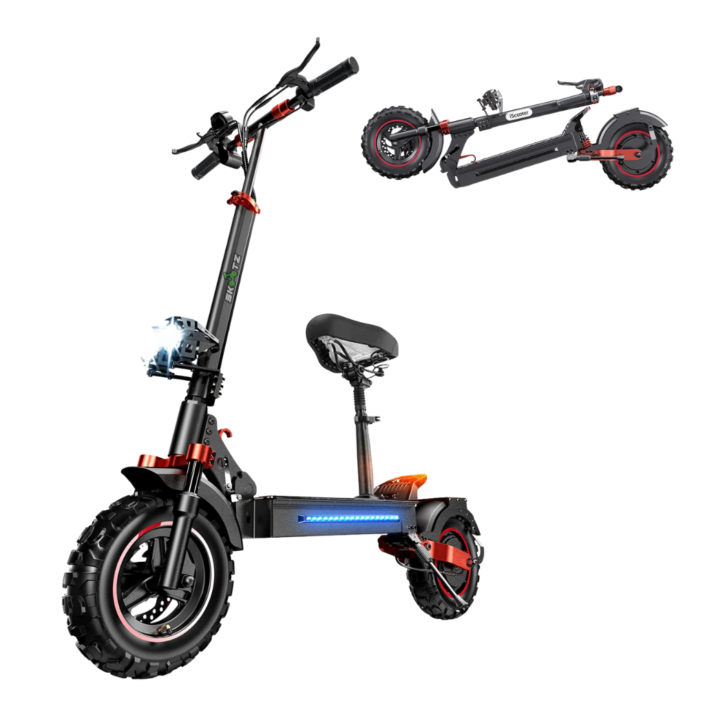 Black electric scooter with large wheels on a white background