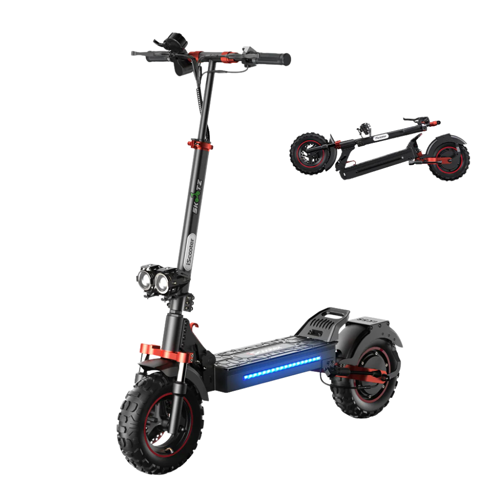 Black electric scooter with red accents on a white background