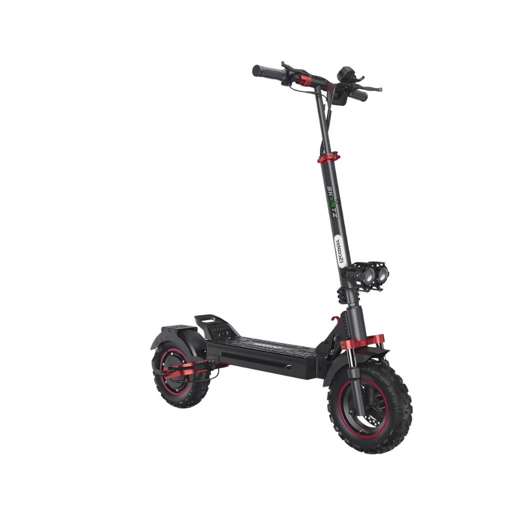 Black electric scooter with red accents on a white background