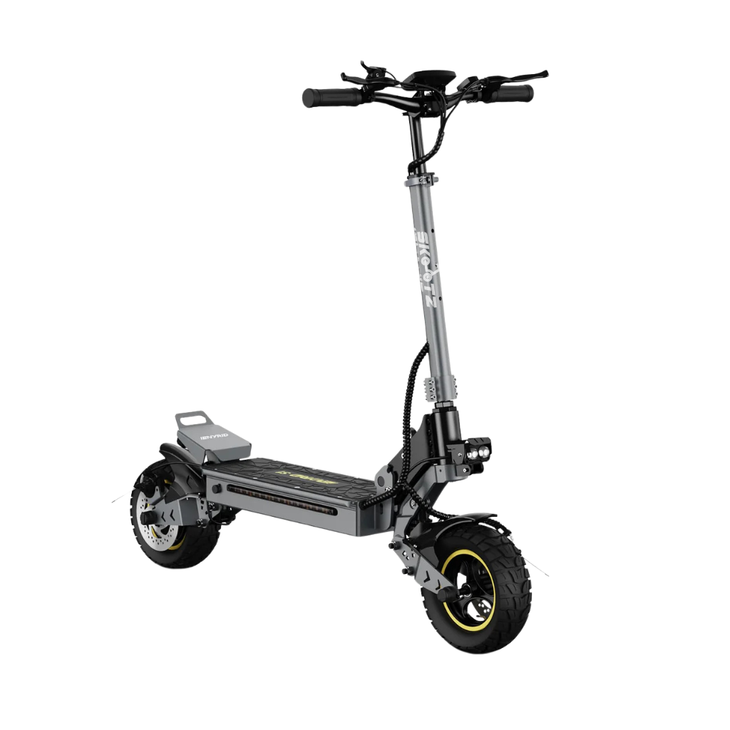 A gray NEW Skootz S1 electric scooter with off-road tires, a digital display, and LED lighting.