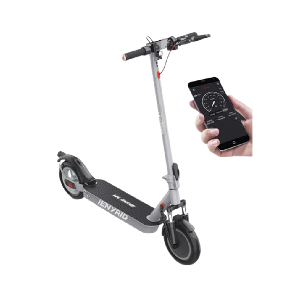 An electric scooter with a black seat, white body, and gray wheels and handlebars.